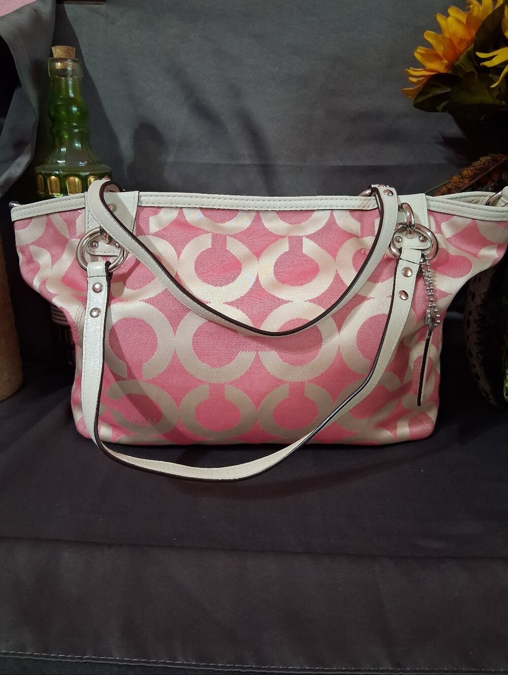 Coach Pink Op Art Glam Tote Bag Monogram Canvas Leather Trim 14841